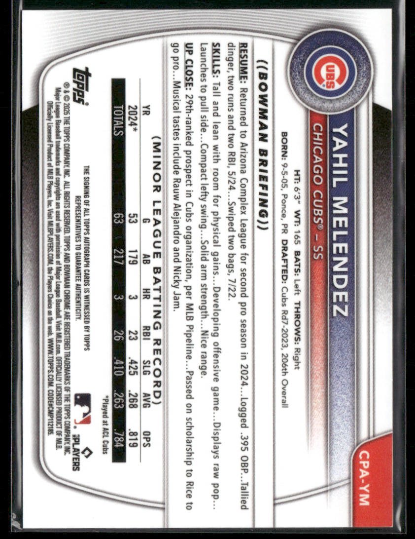 2025 Bowman Chrome Yahil Melendez #CPA-YM Green Lava 24/99 1st Bowman Auto (BT) Secondary image