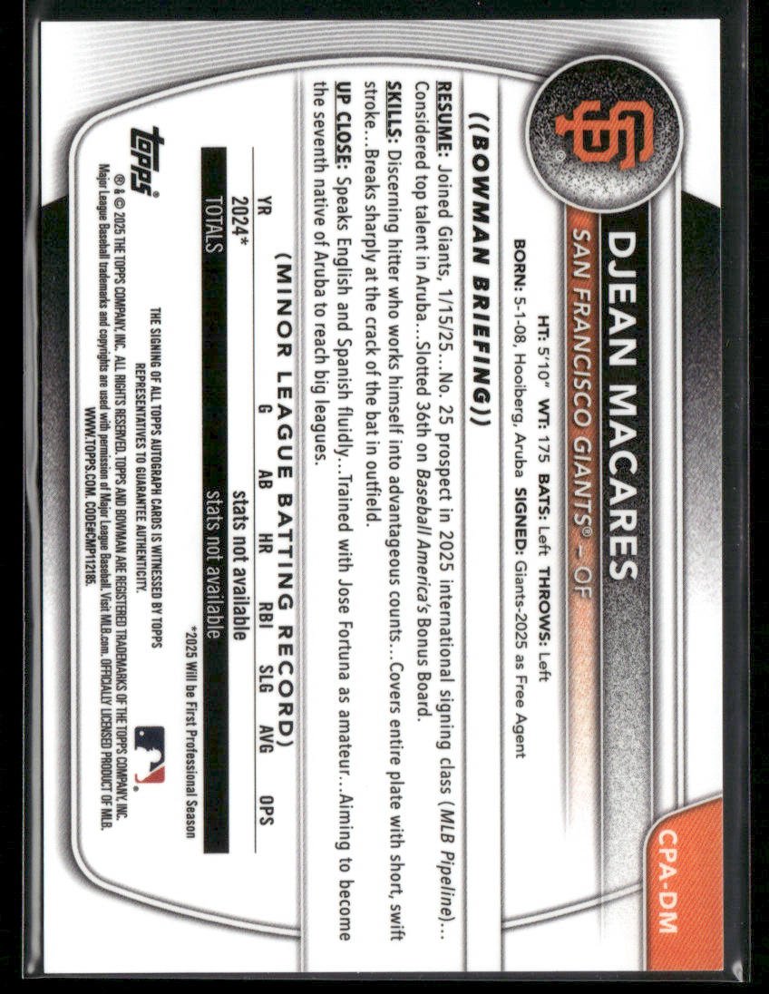 2025 Bowman Chrome Djean Macares CPA - DM Green Lava 1st Bowman Auto 83/99 (BT)Sports Cards