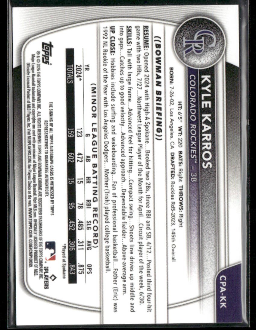 2025 Bowman Chrome Kyle Karros CPA - KK Orange Wave 09/25 1st Bowman Auto (BT)Sports Cards