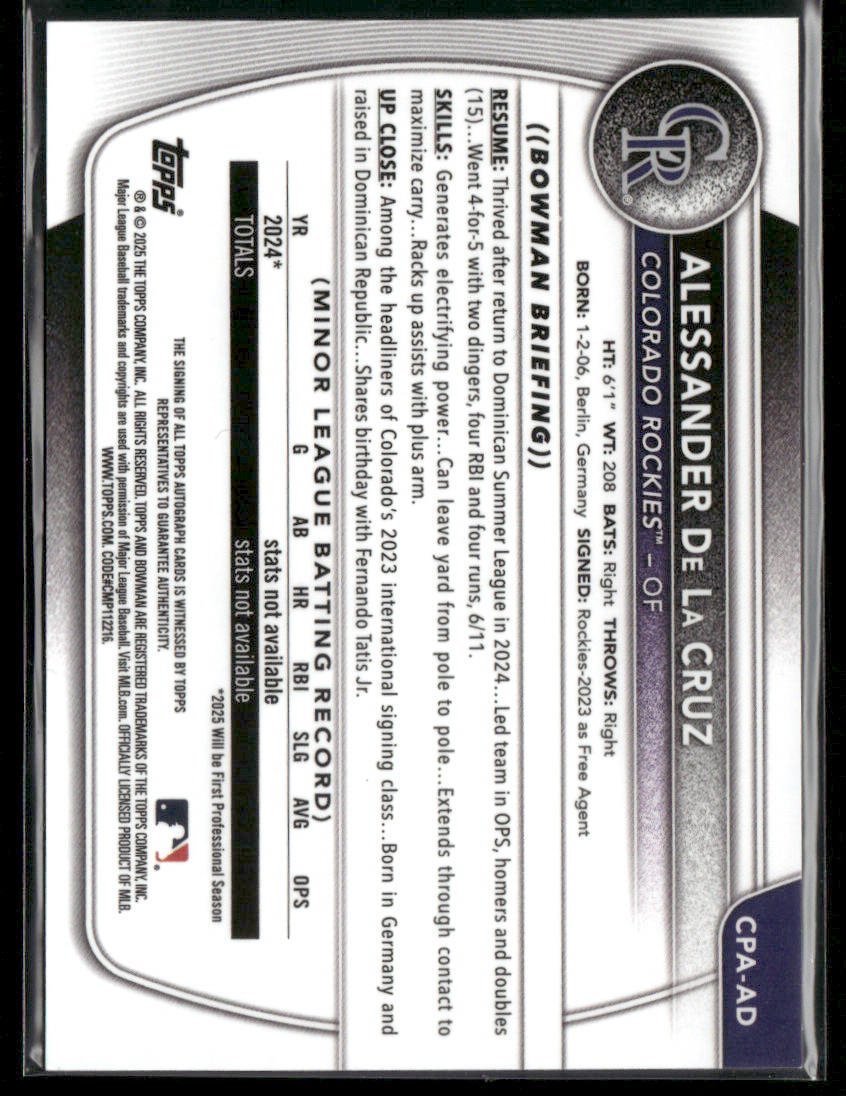 2025 Bowman Chrome Alessander De La Cruz CPA - AD 1st Bowman Auto (BT)Sports Cards