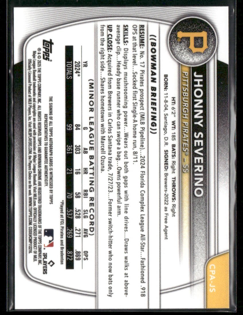 2025 Bowman Chrome Jhonny Severino #CPA-JSE 1st Bowman Auto (BT) Secondary image