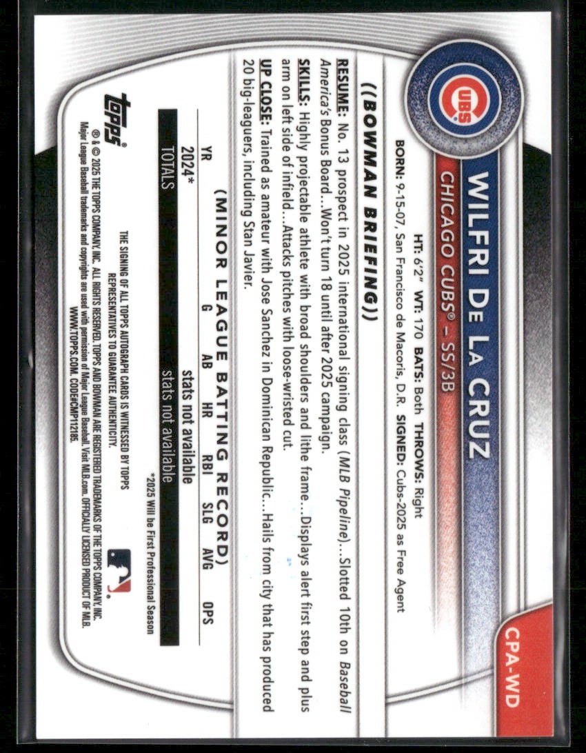 2025 Bowman Chrome Wilfri De La Cruz #CPA-WD HTA 1st Bowman Auto 136/150 (BT) Secondary image