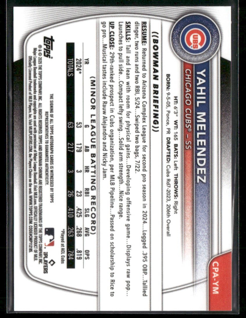 2025 Bowman Chrome Yahil Melendez #CPA-YM Blue 1st Bowman Auto 089/150 (BT) Secondary image