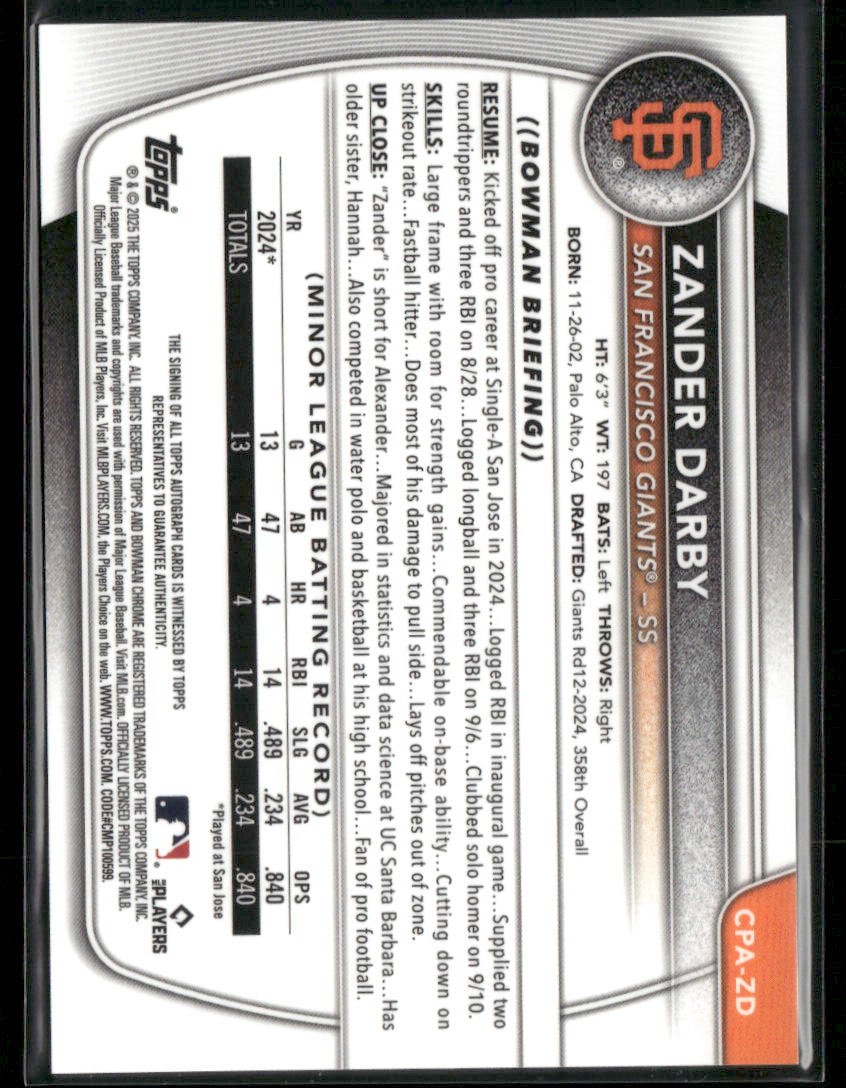 2025 Bowman Chrome Zander Darby #CPA-ZD Green Lava 1st Bowman Auto 50/99 (BT) Secondary image