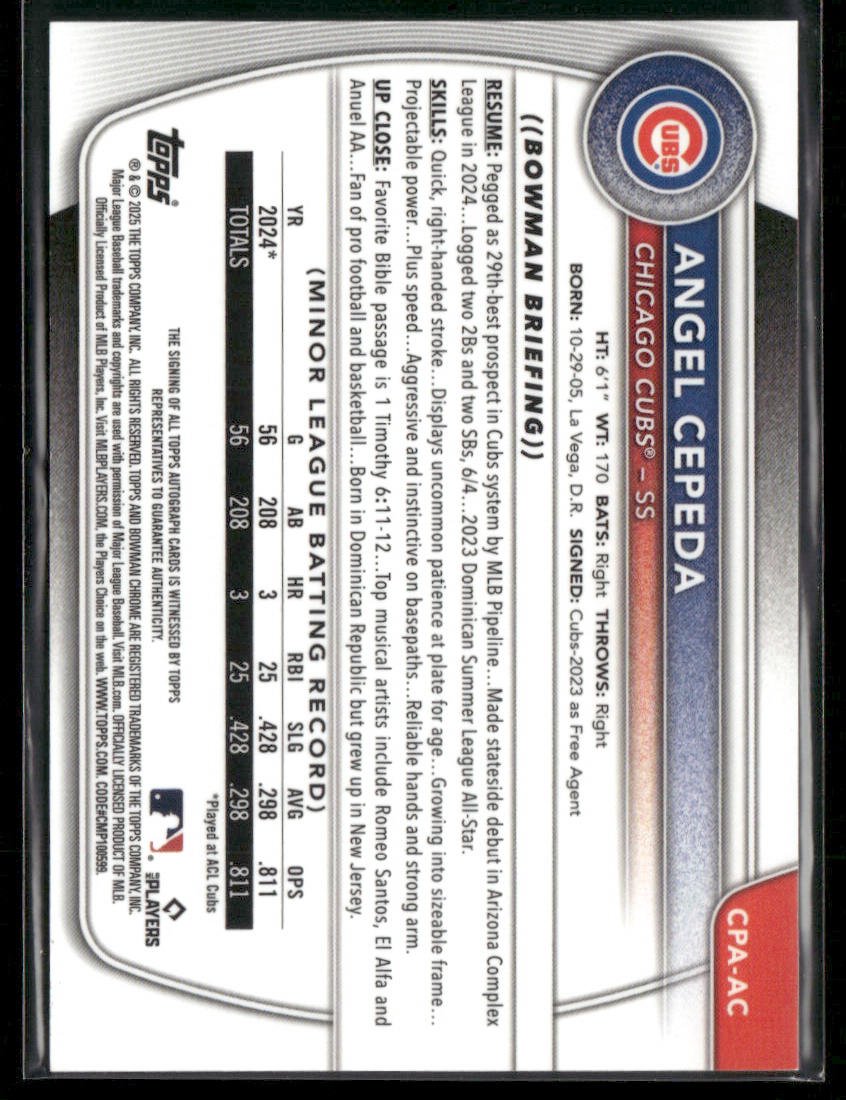 2025 Bowman Chrome Angel Cepeda #CPA-AC 1st Bowman Auto 150/299 (BT) Secondary image