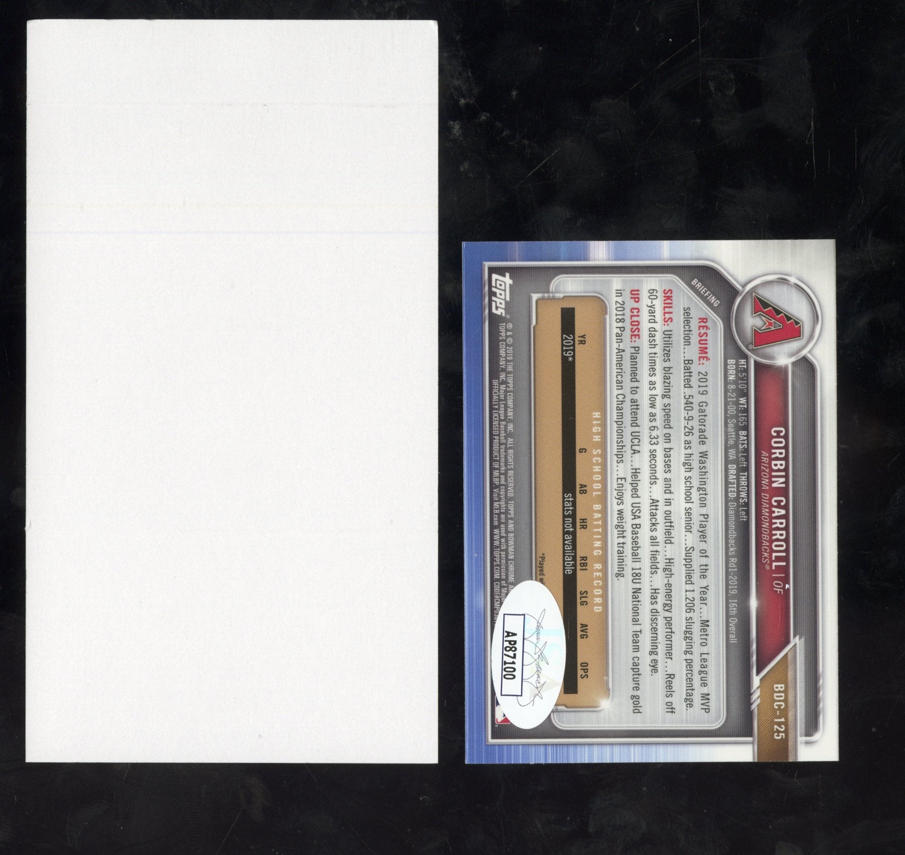 2019 Bowman Chrome Corbin Carroll BDC - 213 1st Bowman Hand Signed Auto JSA COASports Cards