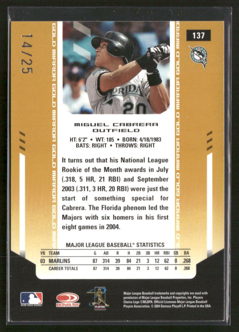 2004 Leaf Certified Materials Miguel Cabrera #137 Gold Mirror 14/25 Secondary image