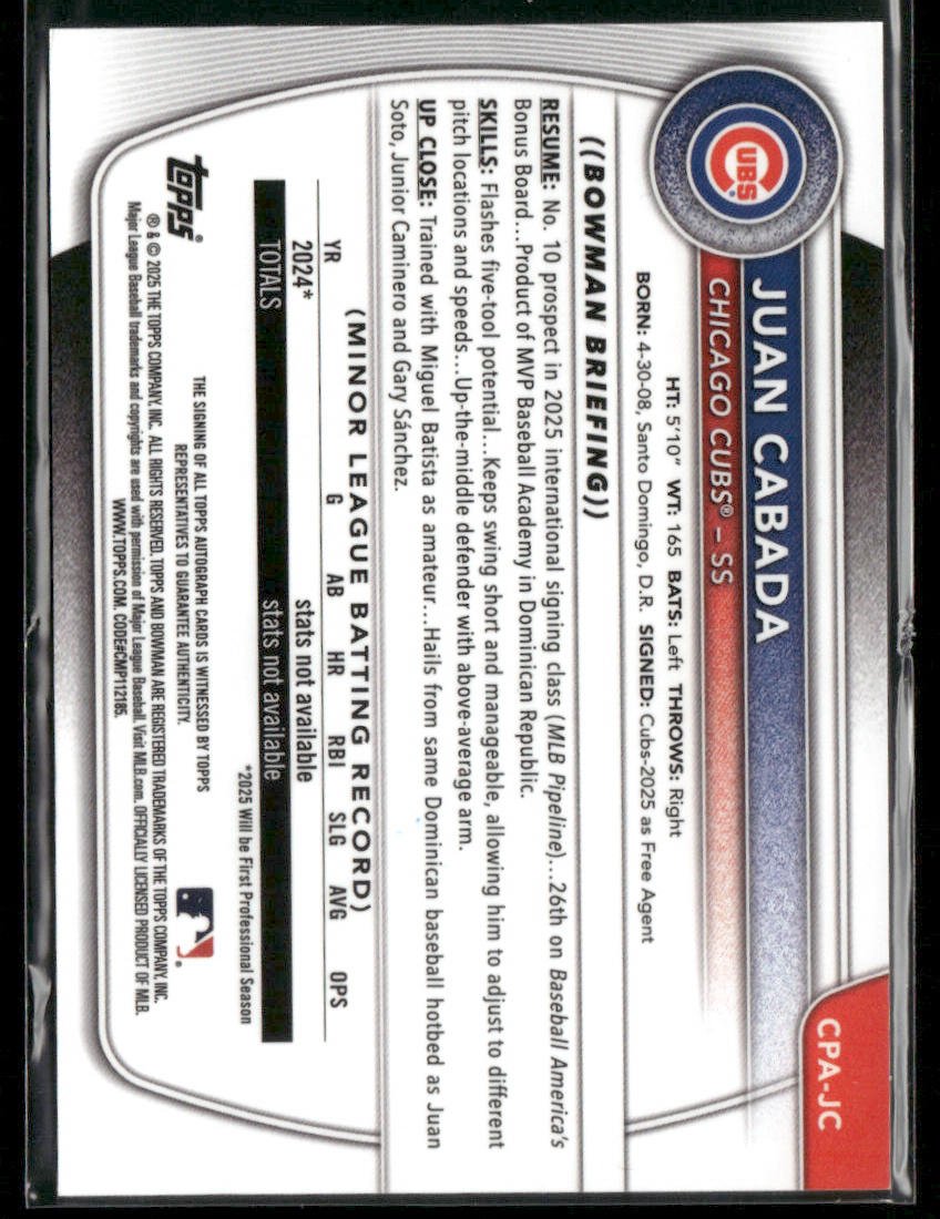 2025 Bowman Chrome Juan Cabada #CPA-JC 1st Bowman Auto Secondary image