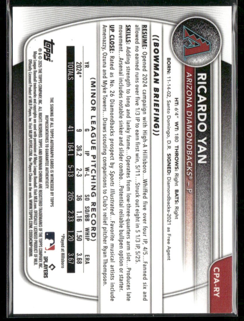 2025 Bowman Ricardo Yan CPA - RY Speckle Refractor 1st Bowman Chrome Auto 093/299Sports Cards