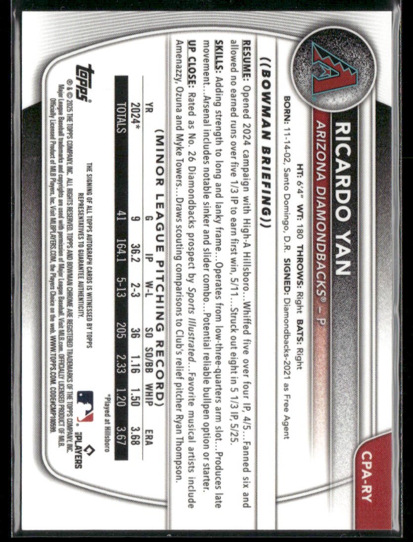 2025 Bowman Ricardo Yan CPA - RY Mini Diamond 1st Bowman Auto Chrome 060/100Sports Cards