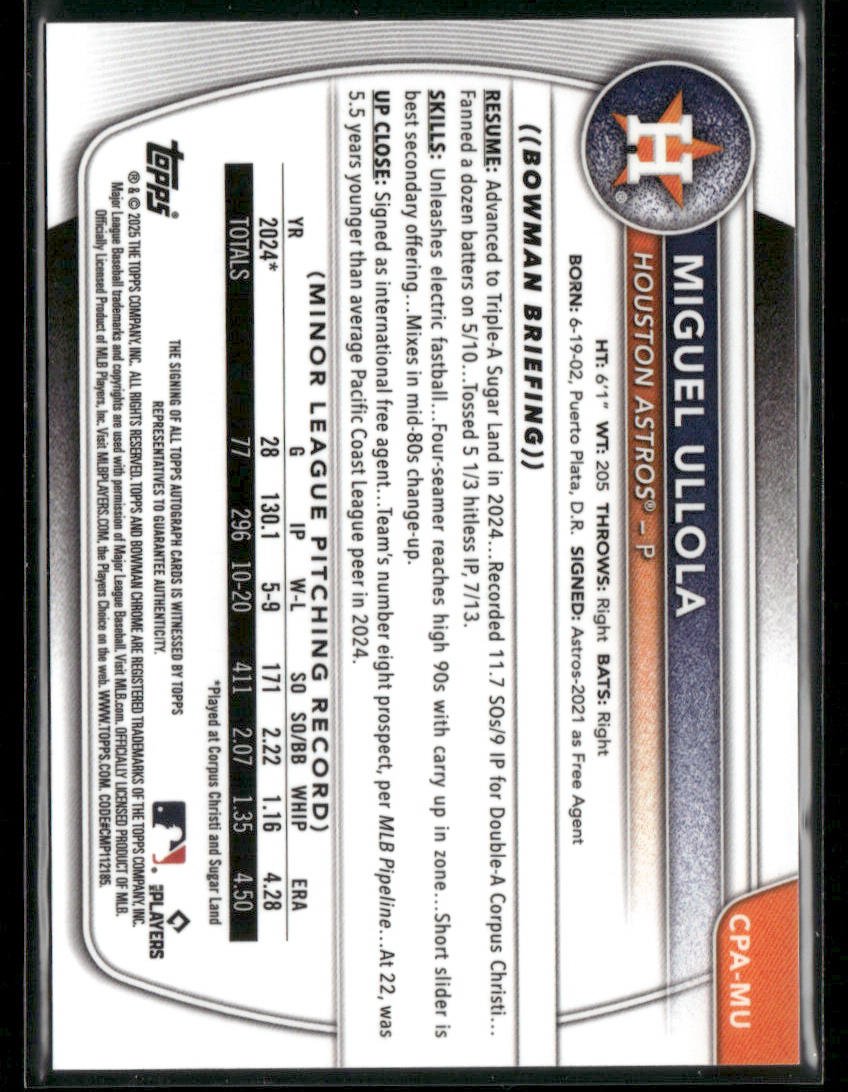 2025 Bowman Chrome Miguel Ullola #CPA-MU Blue Refractor 1st Bowman Auto 003/150 Secondary image