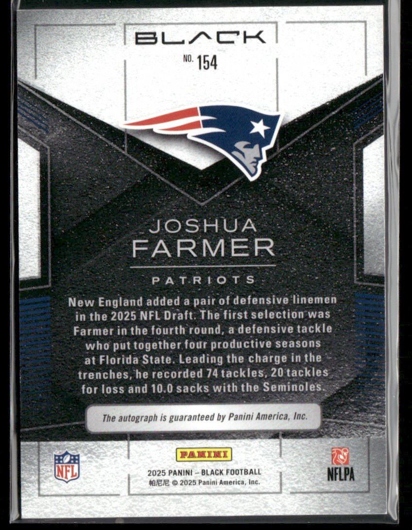 2025 Panini Black Football Joshua Farmer 154 RC Rookie Auto 161/199Sports Cards