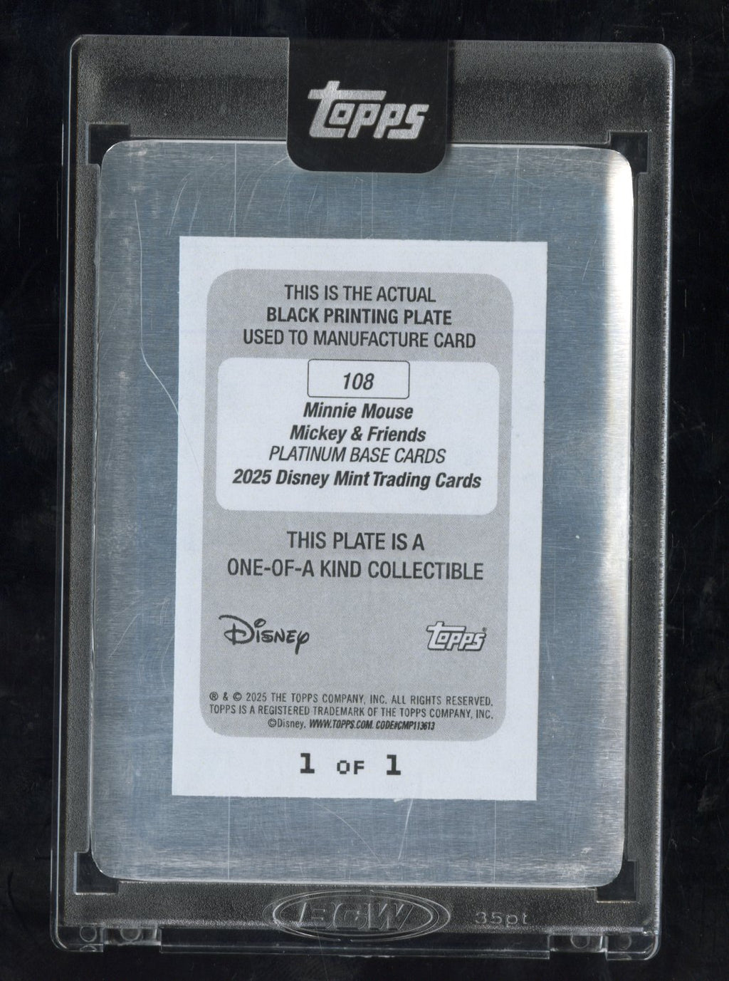2025 Topps Disney Mint Minnie Mouse Platinum Black Printing Plate 1/1 #108 (BW)