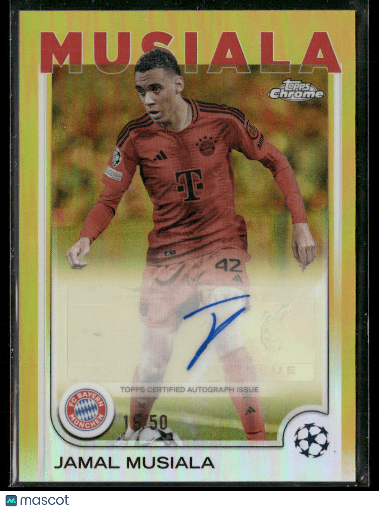 2024 - 25 Topps Chrome UEFA Jamal Musiala CA - JM Gold Refractor Auto 16/50Sports Cards
