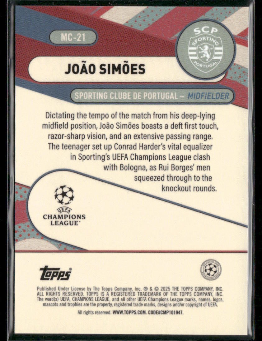 2024 - 25 Topps Merlin Merlin's Chosen Ones João Simões MC - 21 Purple Rookie 03/15Sports Cards