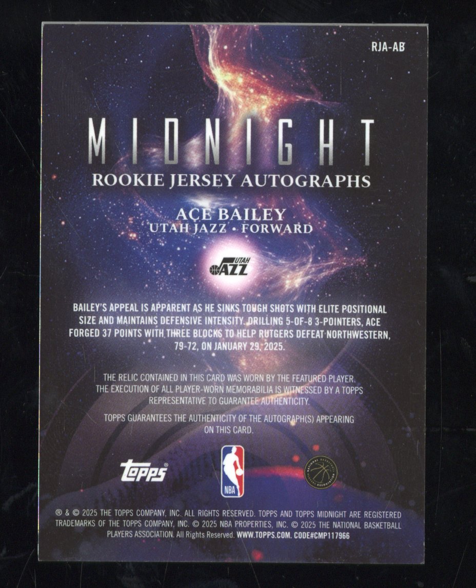 2025-26 Topps Midnight RC Rookie Jersey Auto Ace Bailey #RJA-AB Daybreak 3/5