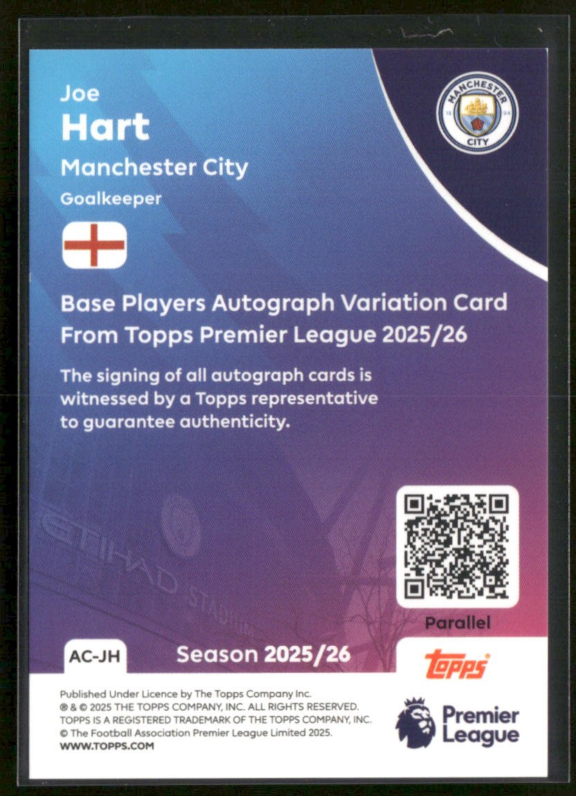 2025 - 26 Topps Premier League Joe Hart AC - JH Blue Rainbow Auto 059/150Sports Cards