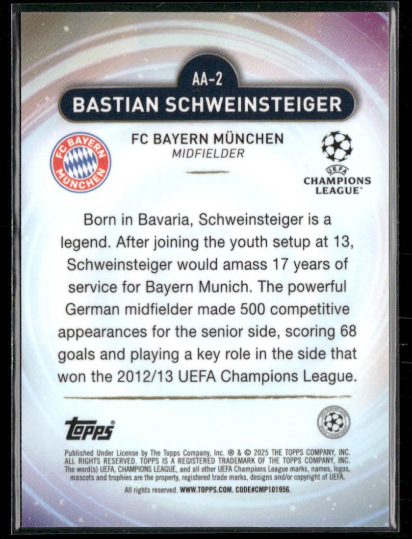 2024 - 25 Topps Merlin Ageless Alchemy Bastian Schweinsteiger AA - 2 Gold 06/50Sports Cards