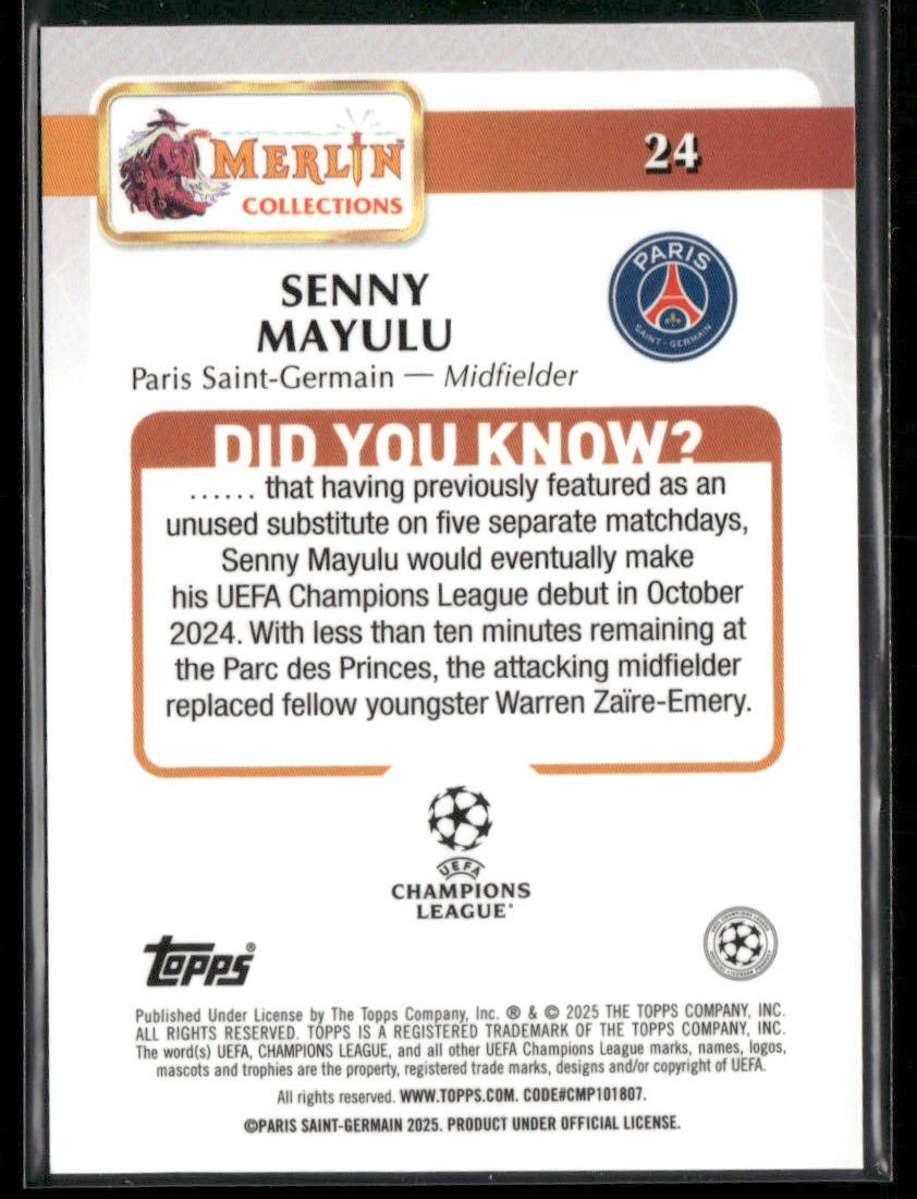 2024 - 25 Topps Merlin Soccer Senny Mayulu 24 Gold Refractor RC Rookie 02/50Sports Cards