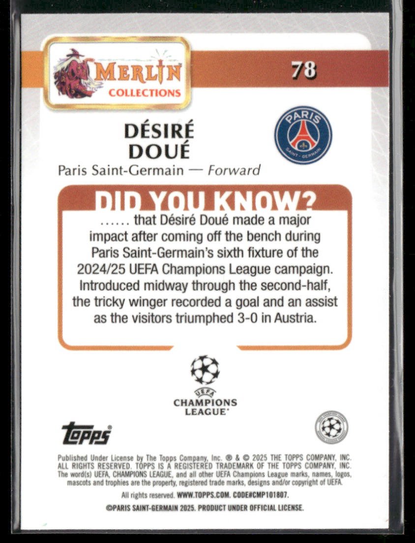 2024 - 25 Topps Merlin Soccer Désiré Doué 78 Pink Refractor 183/199Sports Cards