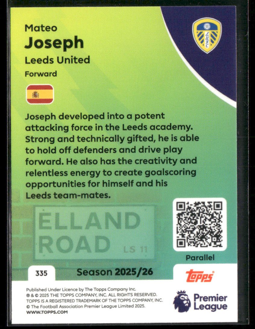 2025-26 Topps Premier League Mateo Joseph #335 Black & White Rainbow Rookie /75 Secondary image