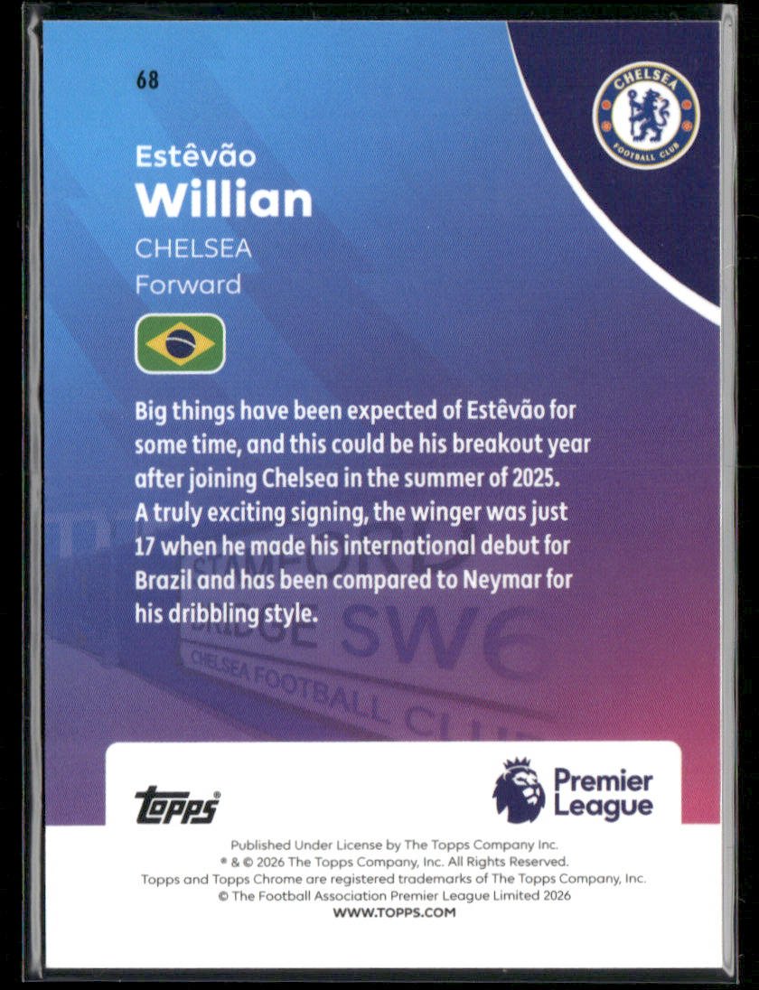 2026 Topps Chrome Premier League Estêvão Willian #68 Orange Wave RC Rookie 16/25 Secondary image
