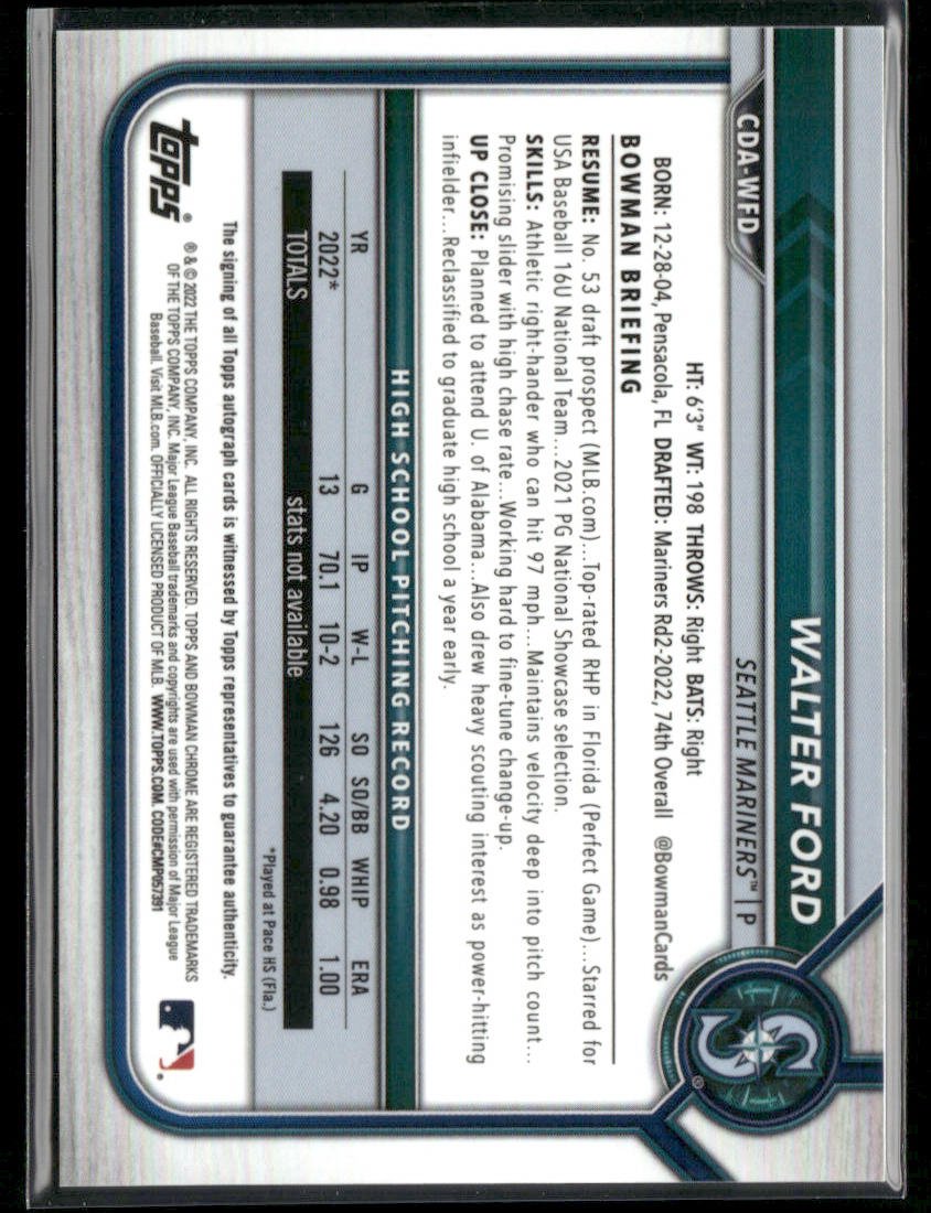 2022 Bowman Draft Chrome Walter Ford CDA - WFO RayWave Refractor AutoSports Cards