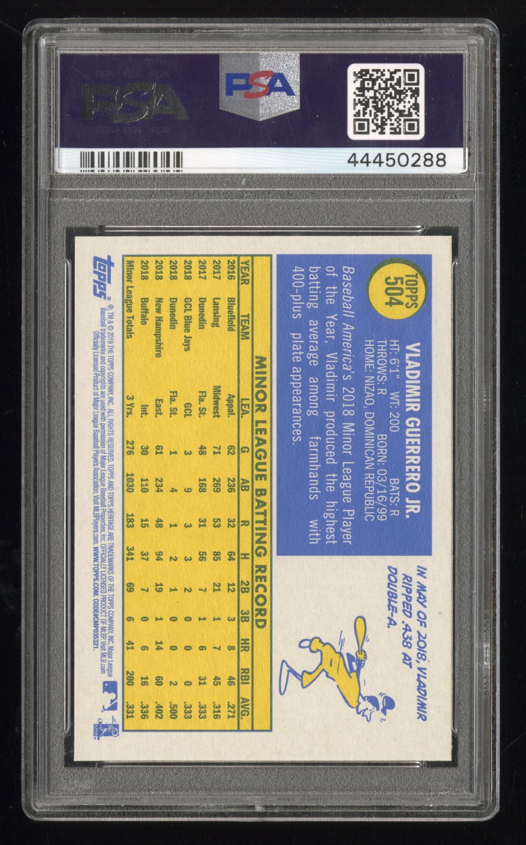 2019 Topps Heritage Vladimir Guerrero Jr. #504 RC Rookie PSA 10 Secondary image