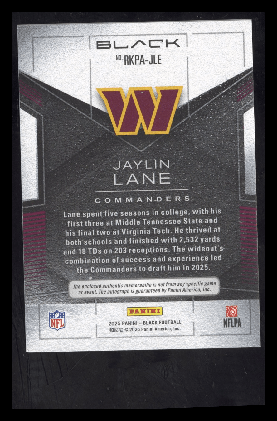 2025 Panini Black Football Jaylin Lane #RKPA-JLE Rookie Patch Auto Emerald 14/25 Secondary image
