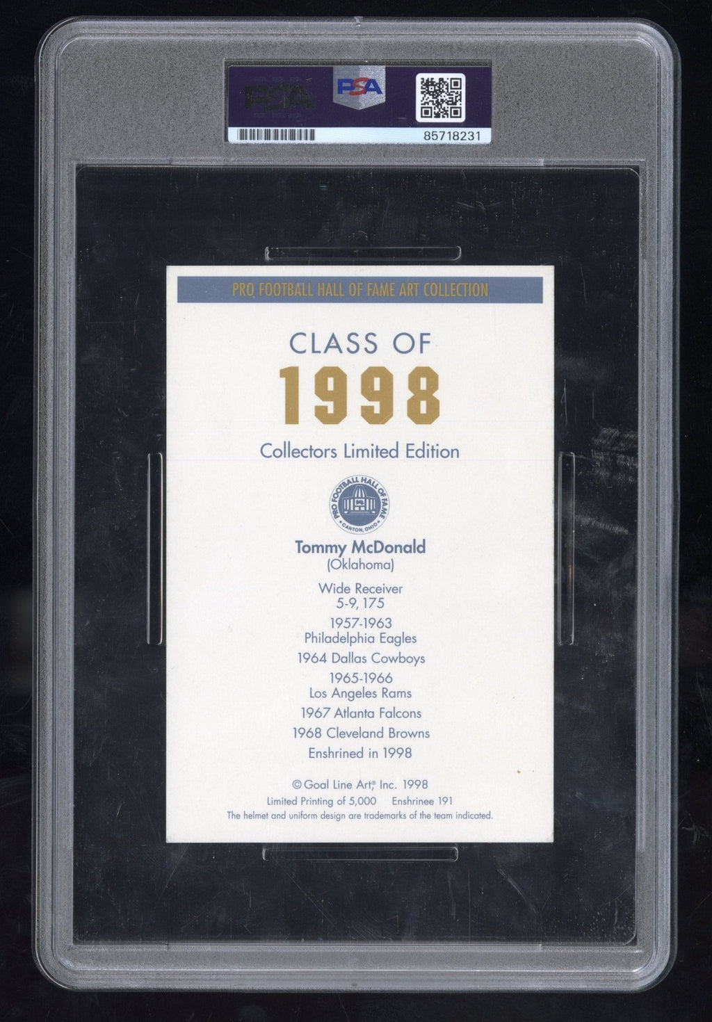 1998 Goal Line Art Auto Tommy Mcdonald /5000 PSA DNA AuthenticGraded Sports Cards