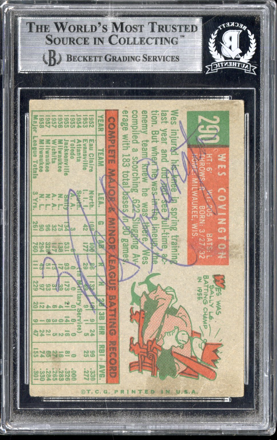 1959 Topps Wes Covington 290 Hand Signed Auto Beckett AuthenticGraded Sports Cards