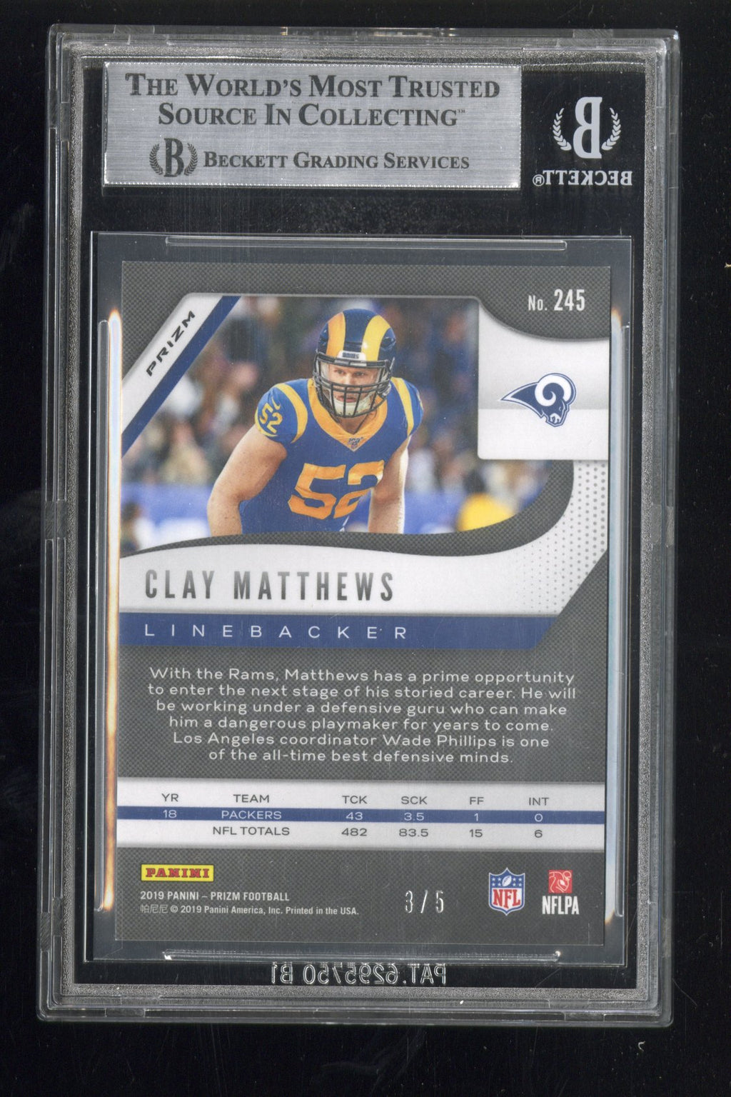 2019 Panini Prizm Clay Matthews #245 Gold Vinyl Prizm 3/5 BGS 9