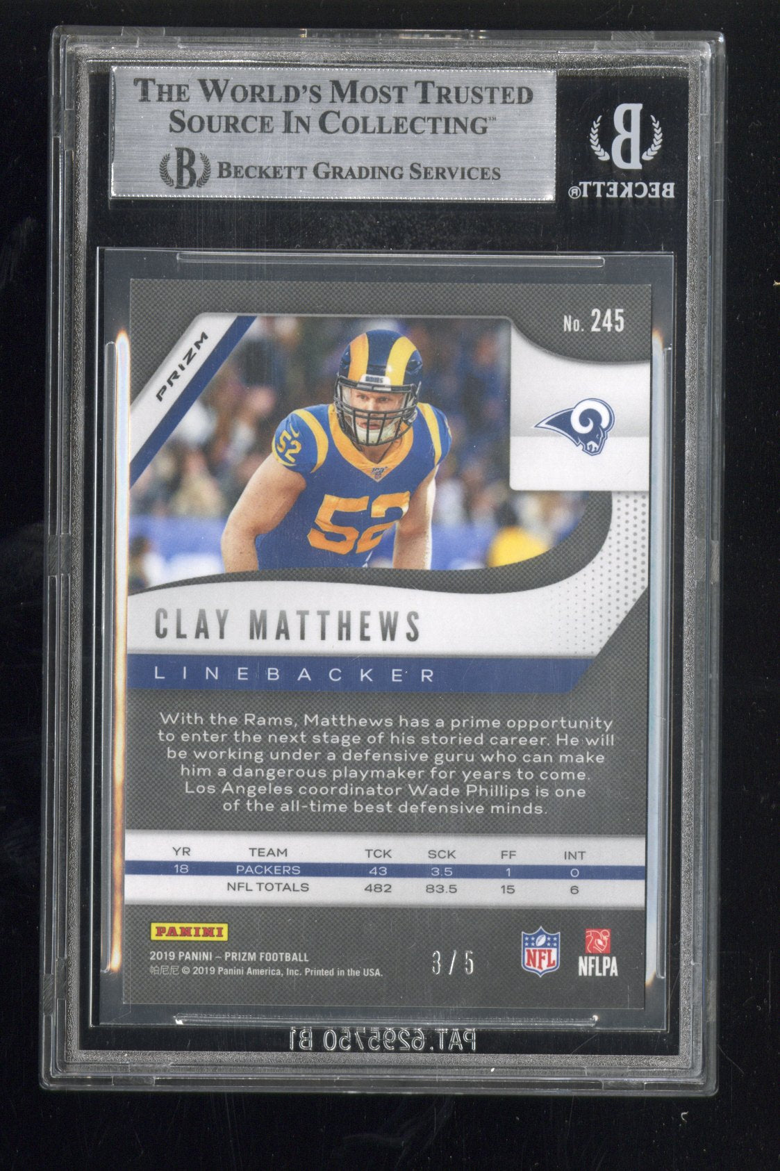 2019 Panini Prizm Clay Matthews #245 Gold Vinyl Prizm 3/5 BGS 9