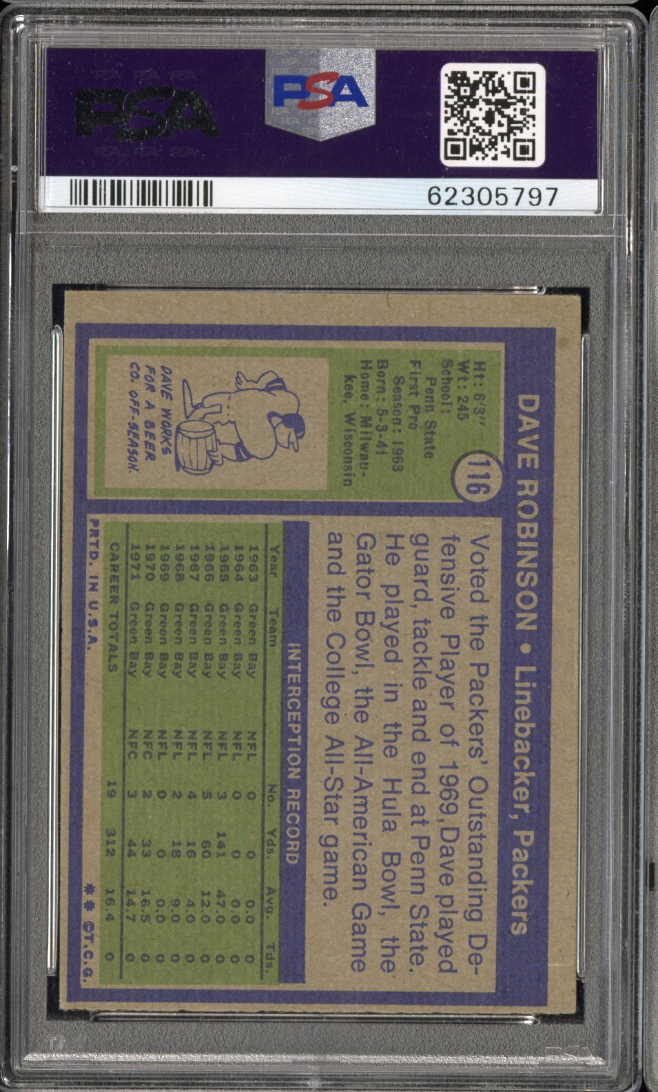 1972 Topps Dave Robinson 116 Hand Signed Auto PSA Authentic Auto 10 HOFGraded Sports Cards