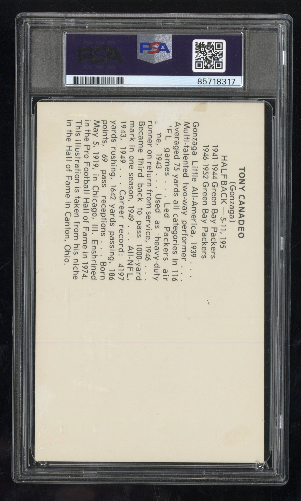 Tony Canadeo Signed Postcard Auto PSA DNA Authentic