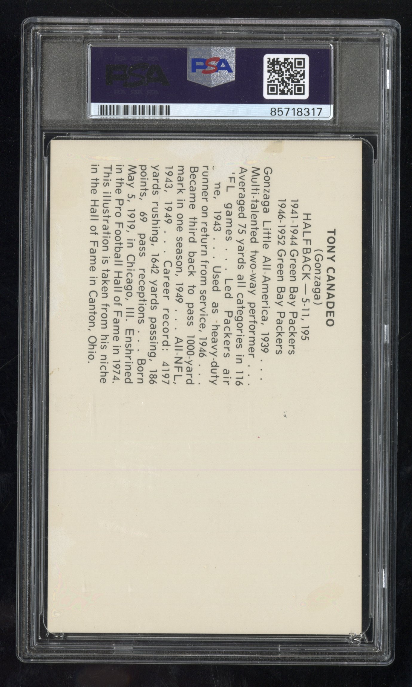 Tony Canadeo Signed Postcard Auto PSA DNA Authentic