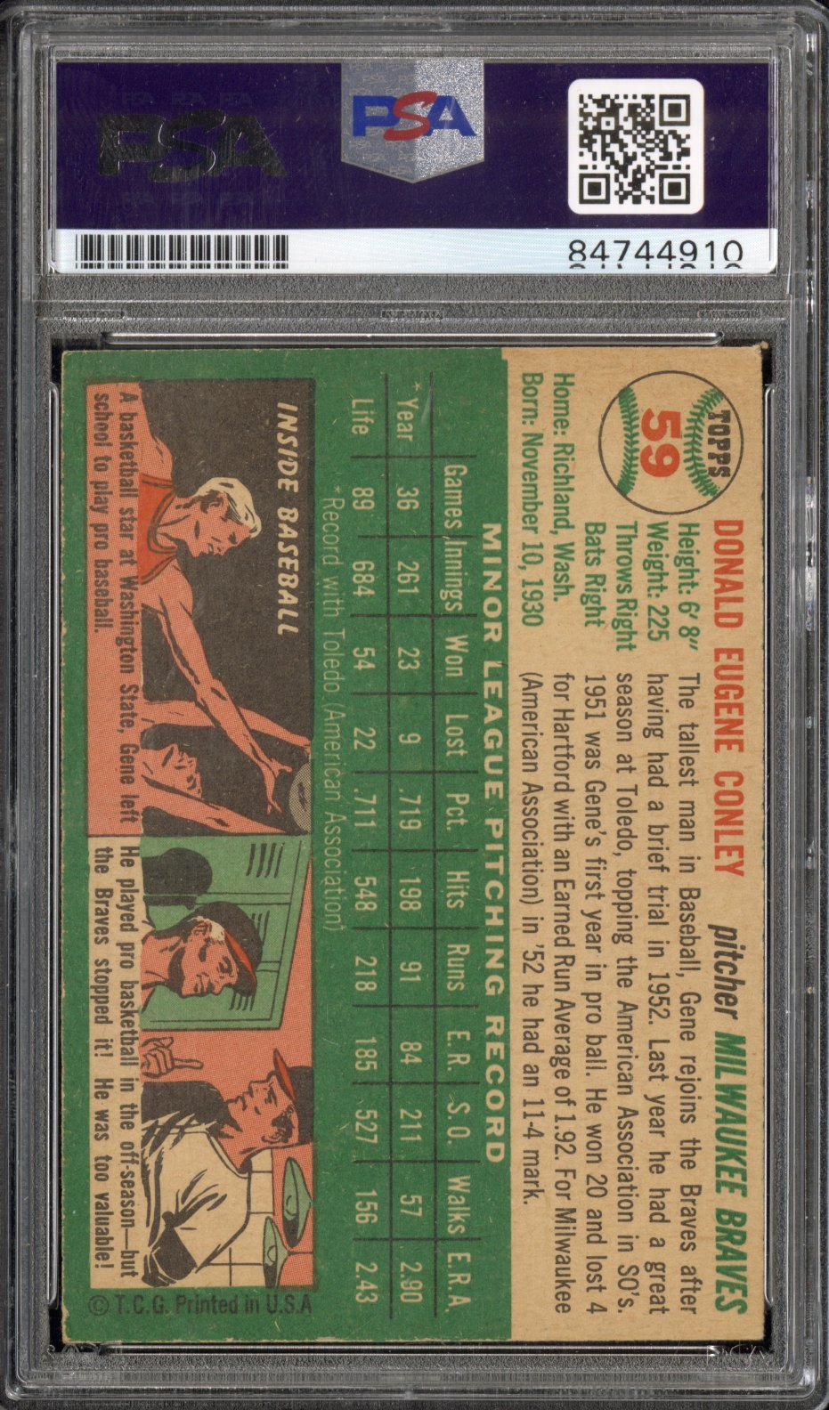 1954 Topps Gene Conley 59 Hand Signed Auto PSA AuthenticGraded Sports Cards
