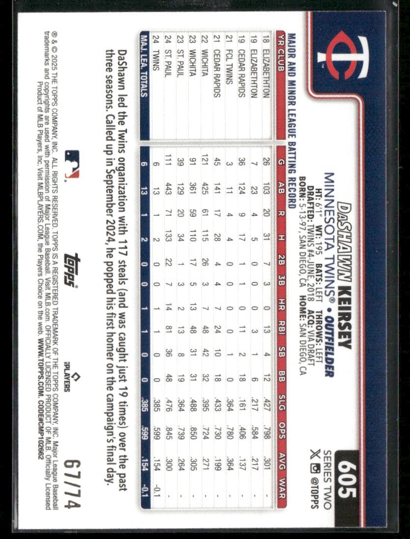 2025 Topps Series 2 DaShawn Keirsey #605 Black 67/74 RC Rookie Secondary image