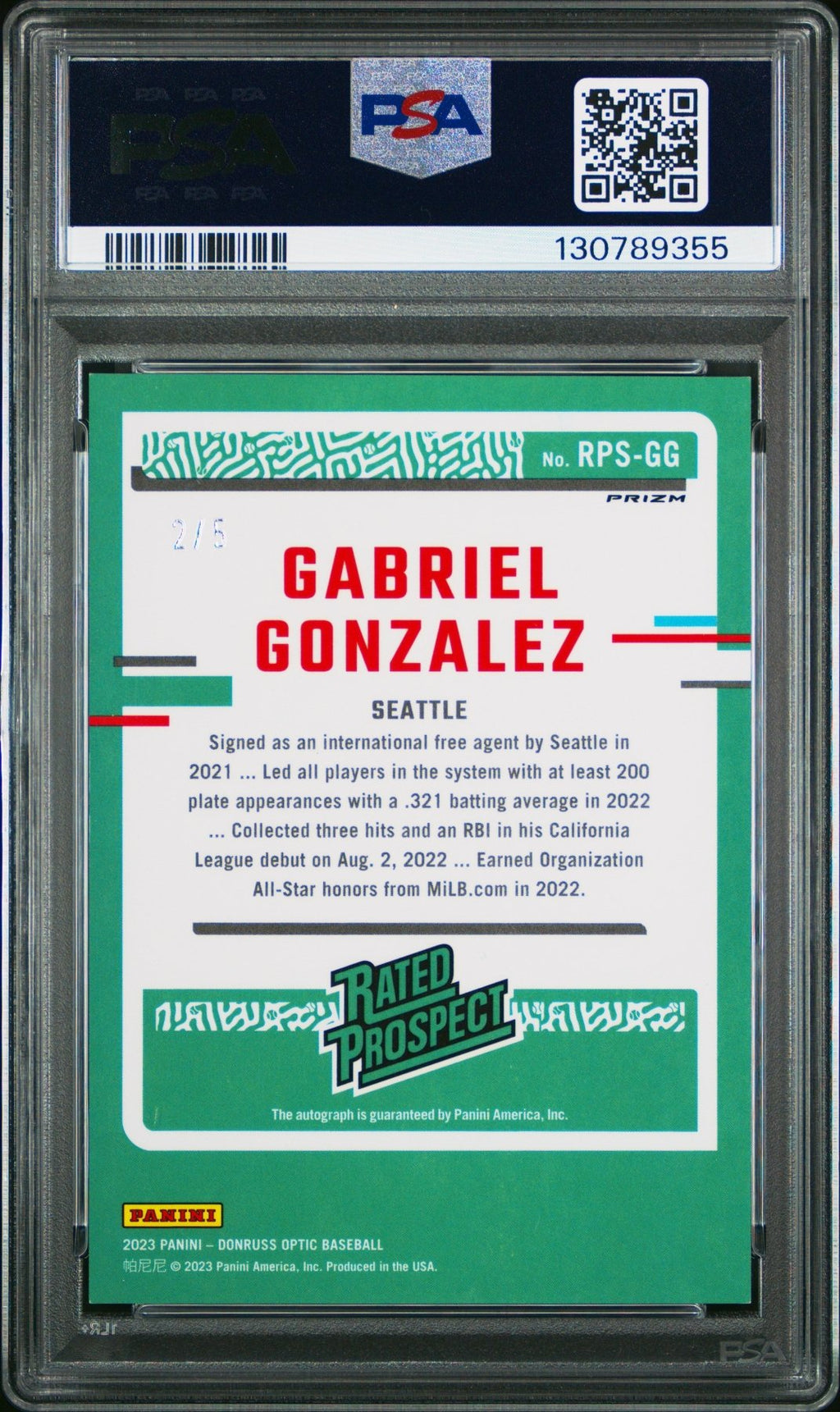 2023 Panini Donruss Prospect Auto Optic Gabriel Gonzalez Purple Mojo 2/5 PSA 10Graded Sports Cards