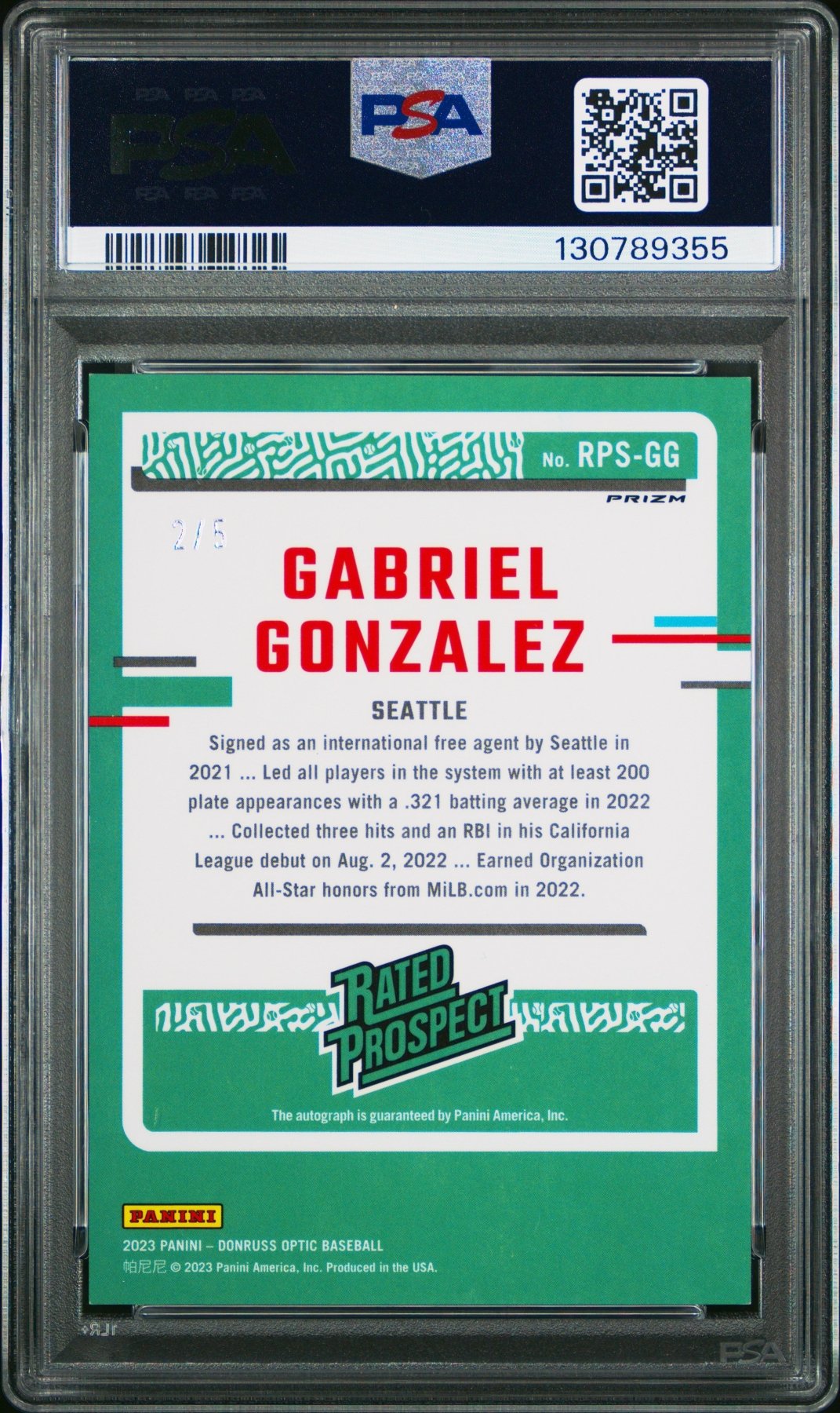 2023 Panini Donruss Prospect Auto Optic Gabriel Gonzalez Purple Mojo 2/5 PSA 10Graded Sports Cards