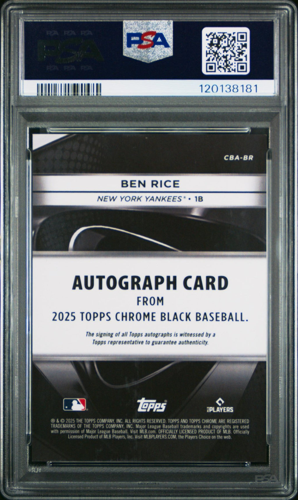 2025 Topps Chrome Black Auto Ben Rice CBA - BR Blue RC Rookie 089/150 PSA 9Graded Sports Cards