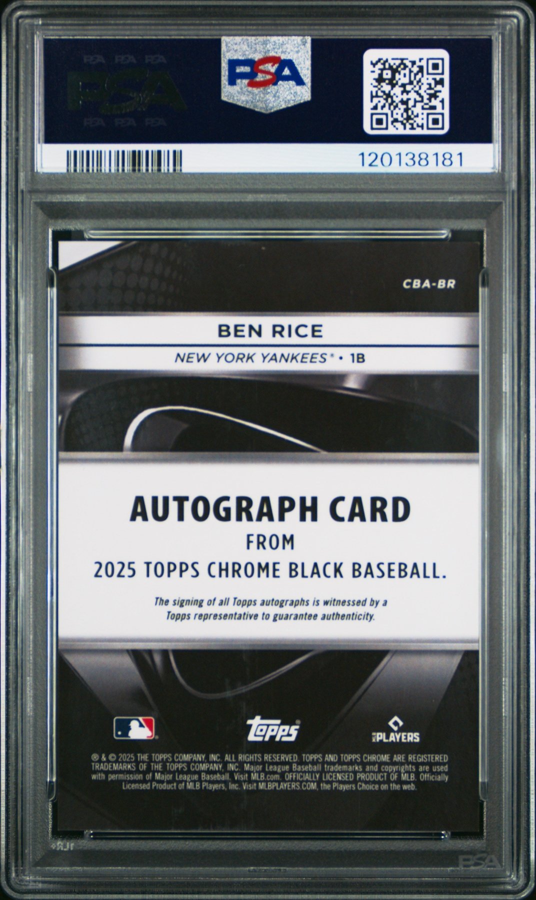 2025 Topps Chrome Black Auto Ben Rice CBA - BR Blue RC Rookie 089/150 PSA 9Graded Sports Cards