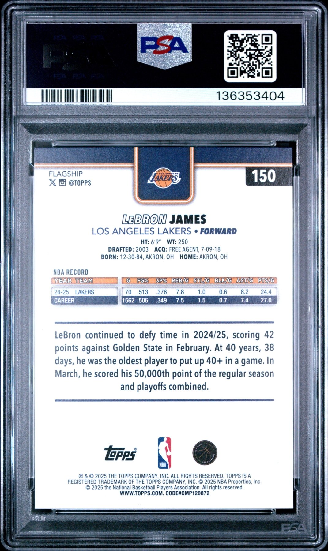 2025-26 Topps Flagship LeBron James #150 Holo Foil PSA 10 – Black Gold  Sports Cards