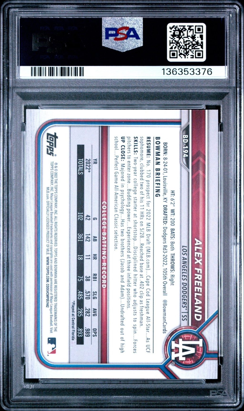 2022 Bowman Draft 1st Edition Alex Freeland 194 Gold Foil 1st Bowman /50 PSA 10Graded Sports Cards