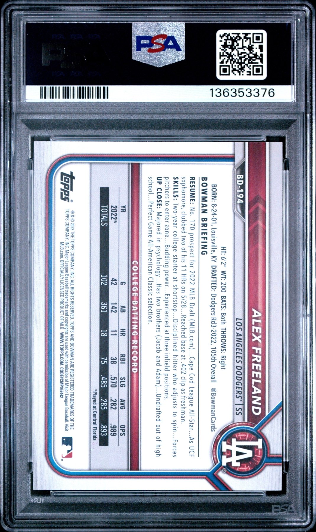 2022 Bowman Draft 1st Edition Alex Freeland 194 Gold Foil 1st Bowman /50 PSA 10Graded Sports Cards