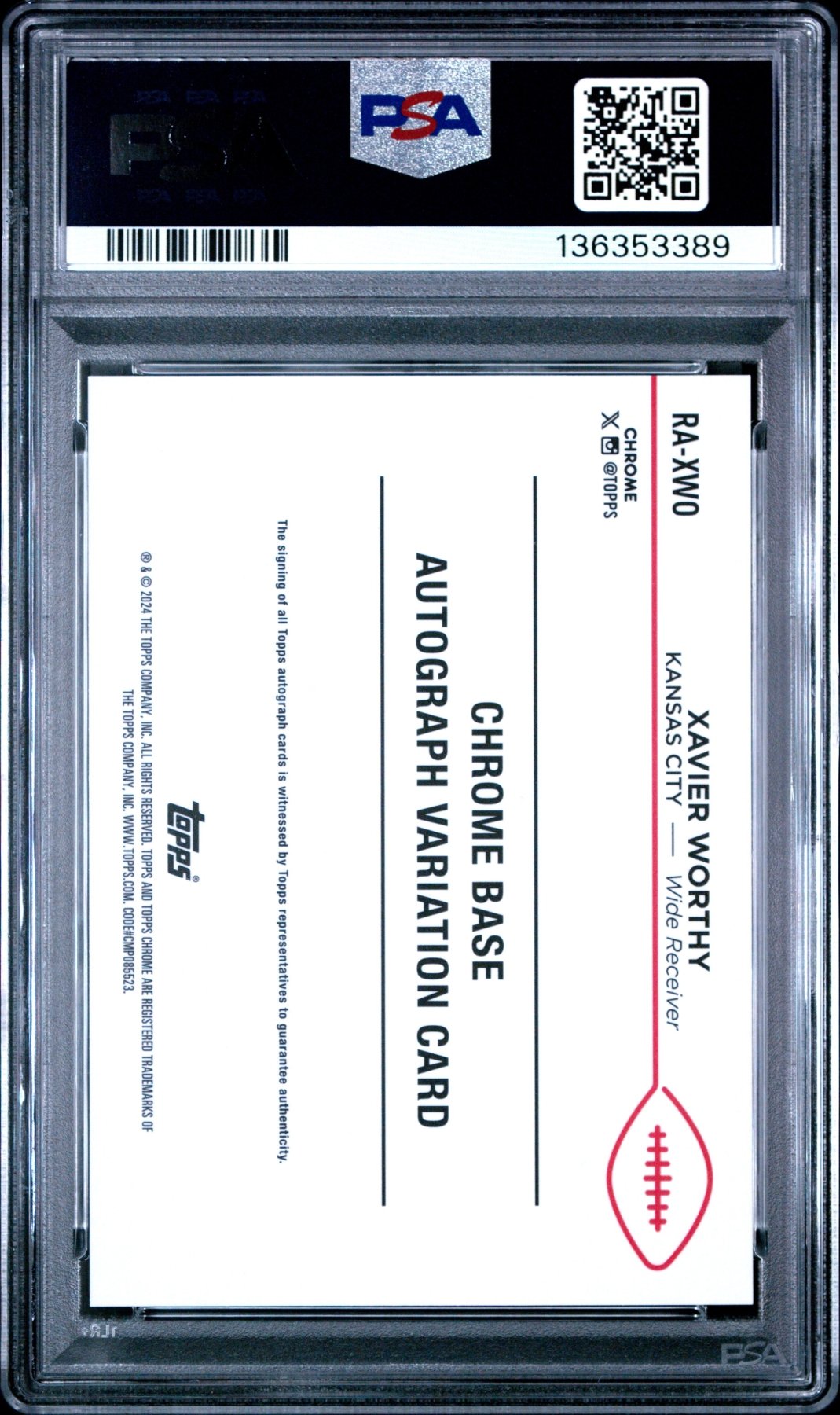 2024 Topps Chrome RC Rookie Auto Xavier Worthy RA - XWO Green Refractor /99 PSA 9Graded Sports Cards