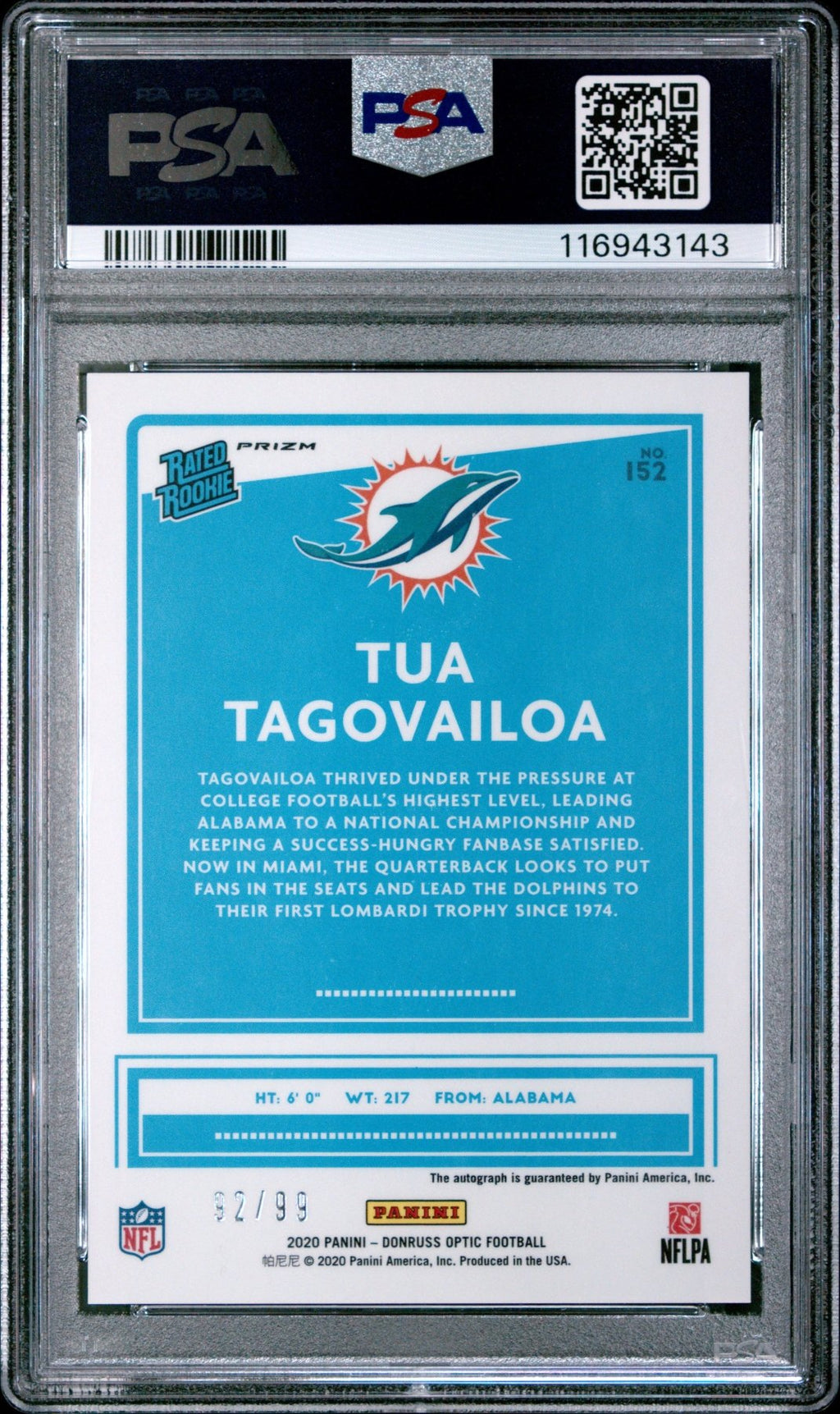 2020 Panini Donruss Optic Tua Tagovailoa 152 Auto Holo /99 Rated Rookie PSA 10Graded Sports Cards