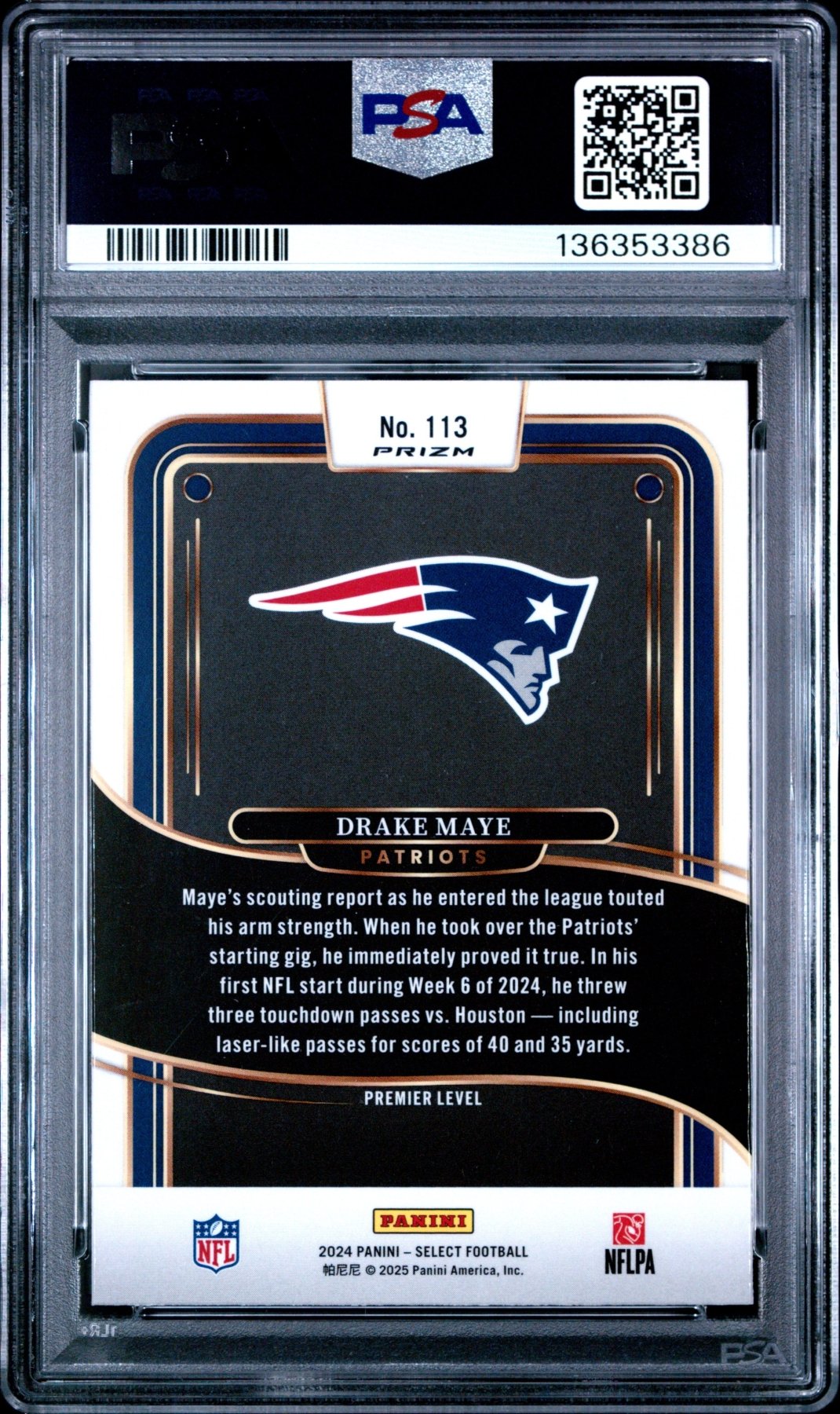 2024 Panini Select Drake Maye #113 Black & Orange Shock Prizm RC Rookie PSA 10 Secondary image