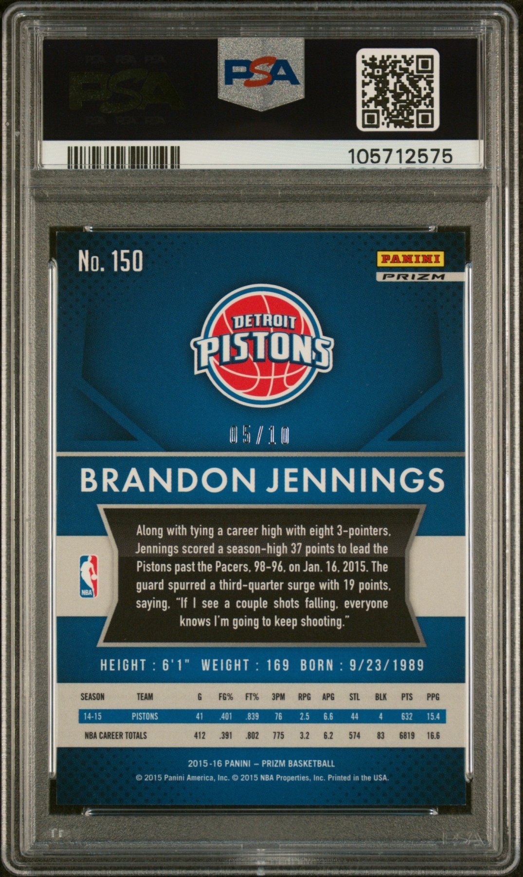2015-16 Panini Prizm Brandon Jennings #150 Gold Prizm 05/10 PSA 9 Secondary image