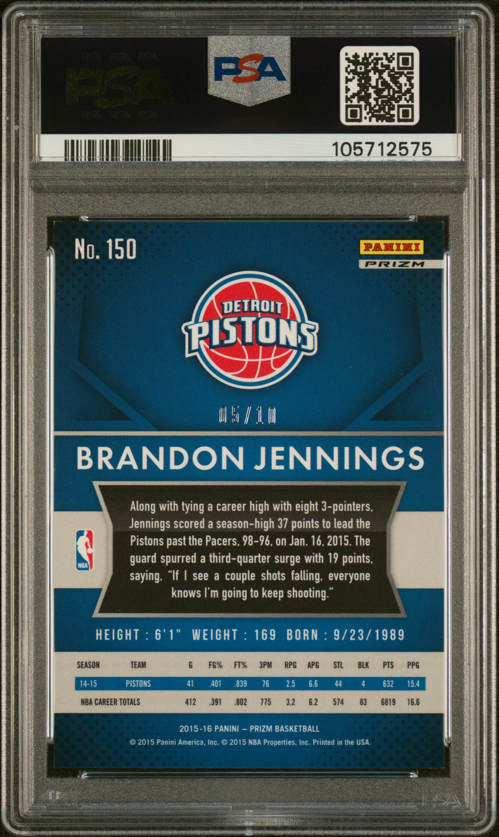 2015-16 Panini Prizm Brandon Jennings #150 Gold Prizm 05/10 PSA 9
